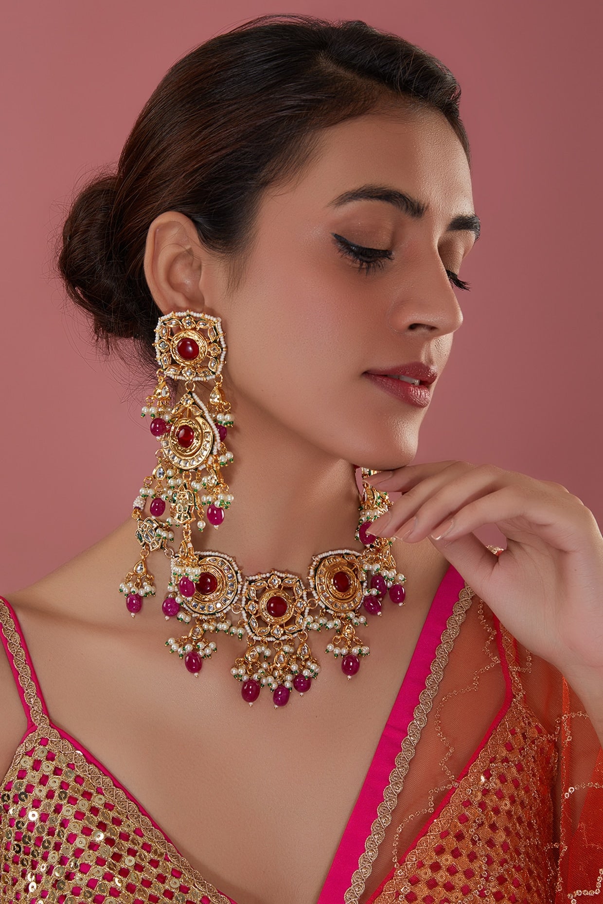 Gold Finish Kundan Polki & Fuchsia Stone Choker Necklace Set