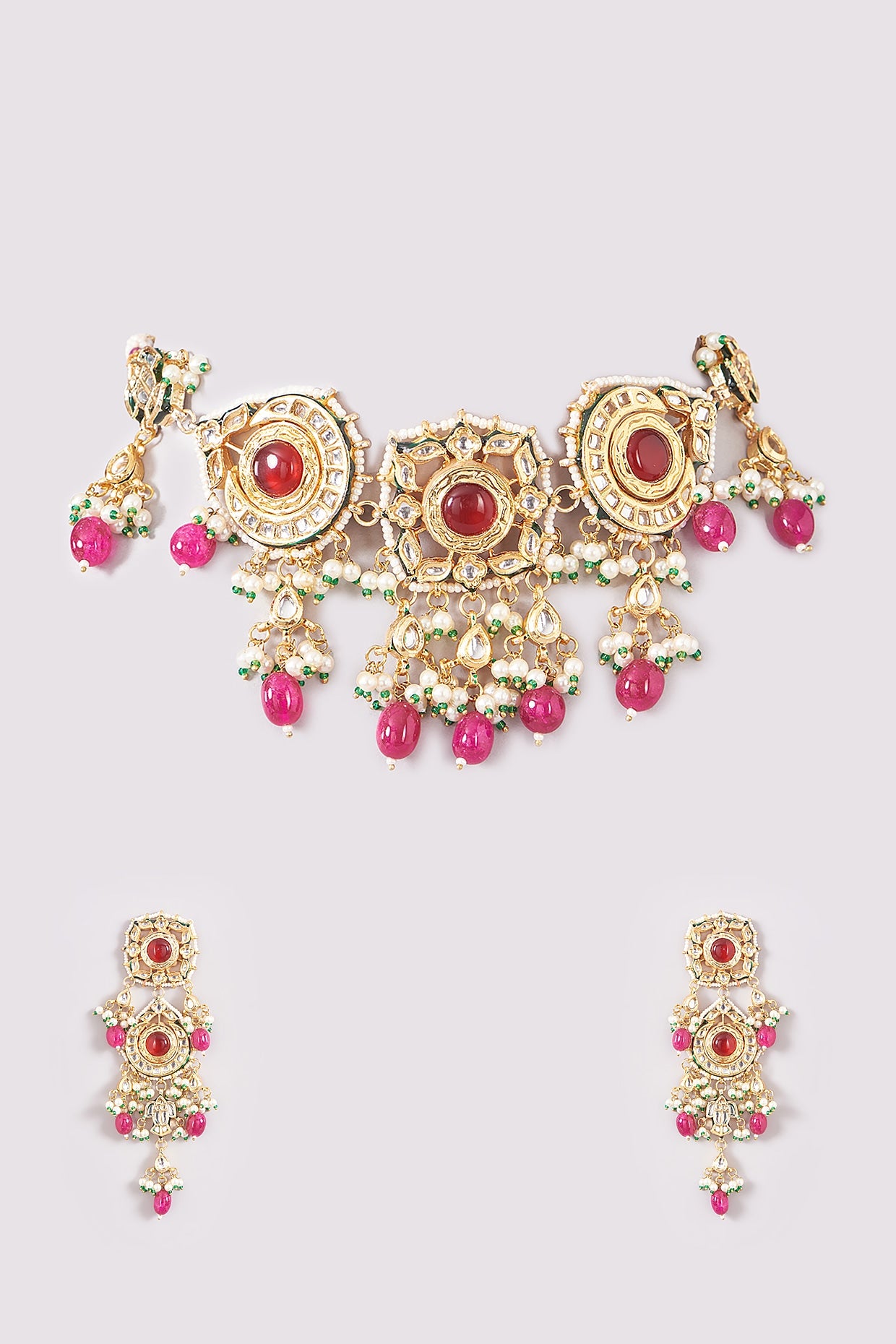 Gold Finish Kundan Polki & Fuchsia Stone Choker Necklace Set