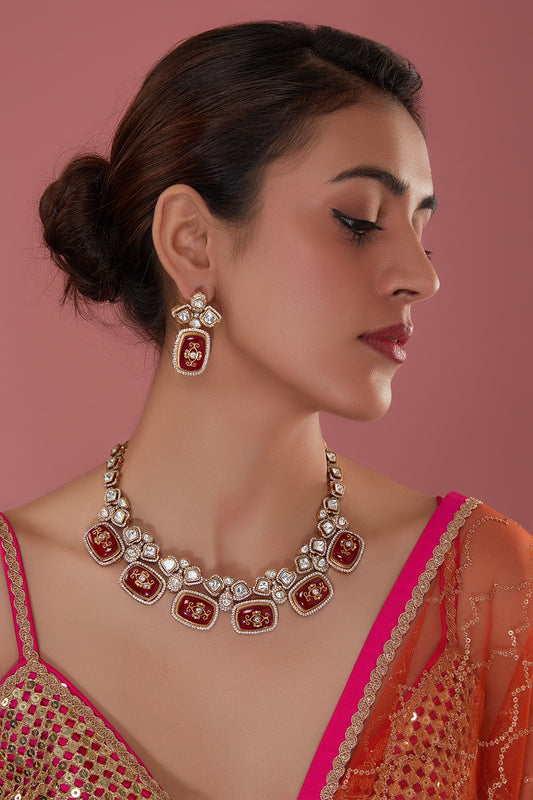 Gold Finish Red Kundan Polki Enameled Necklace Set