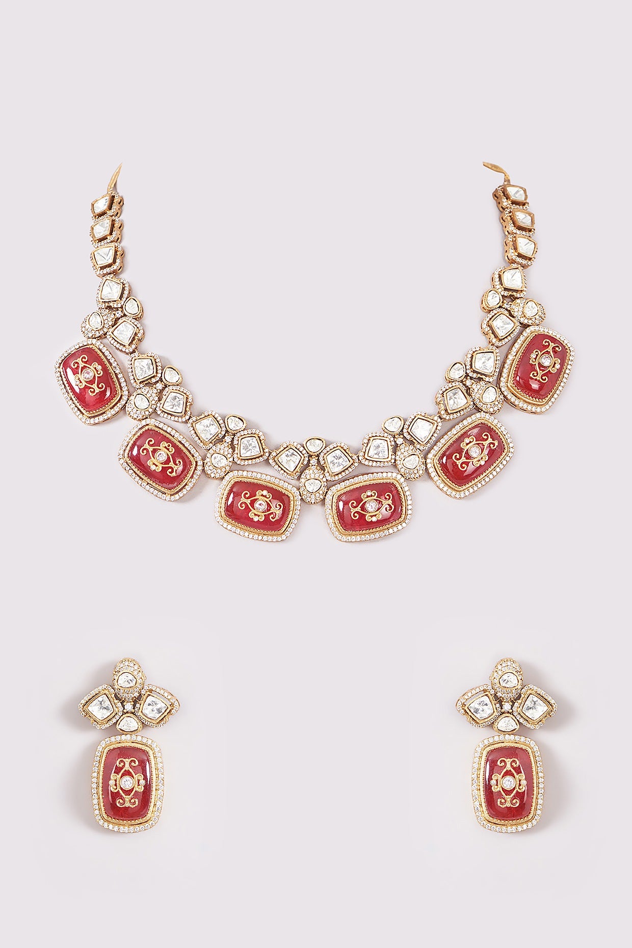 Gold Finish Red Kundan Polki Enameled Necklace Set