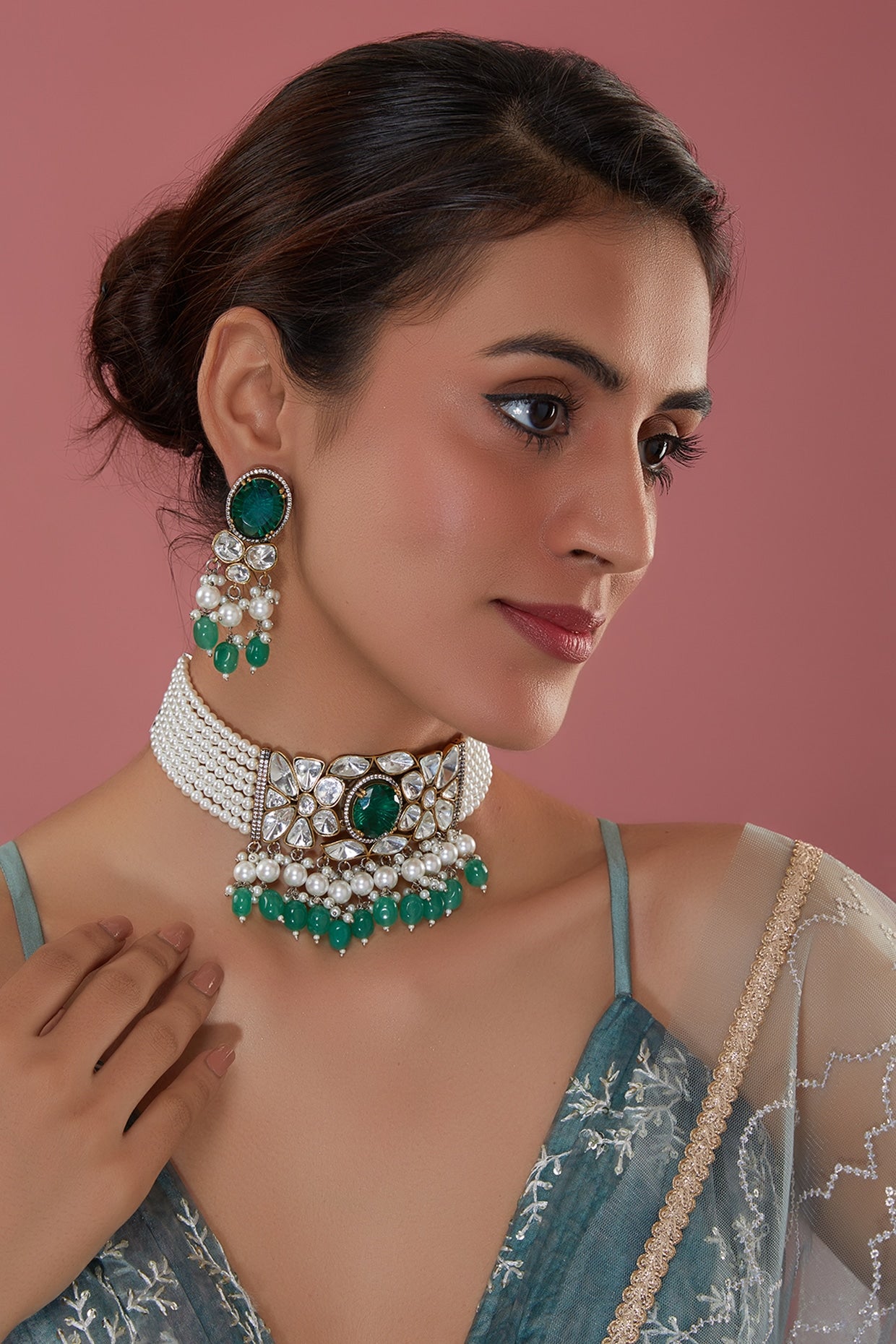 Two Tone Finish Kundan Polki & Emerald Choker Necklace Set