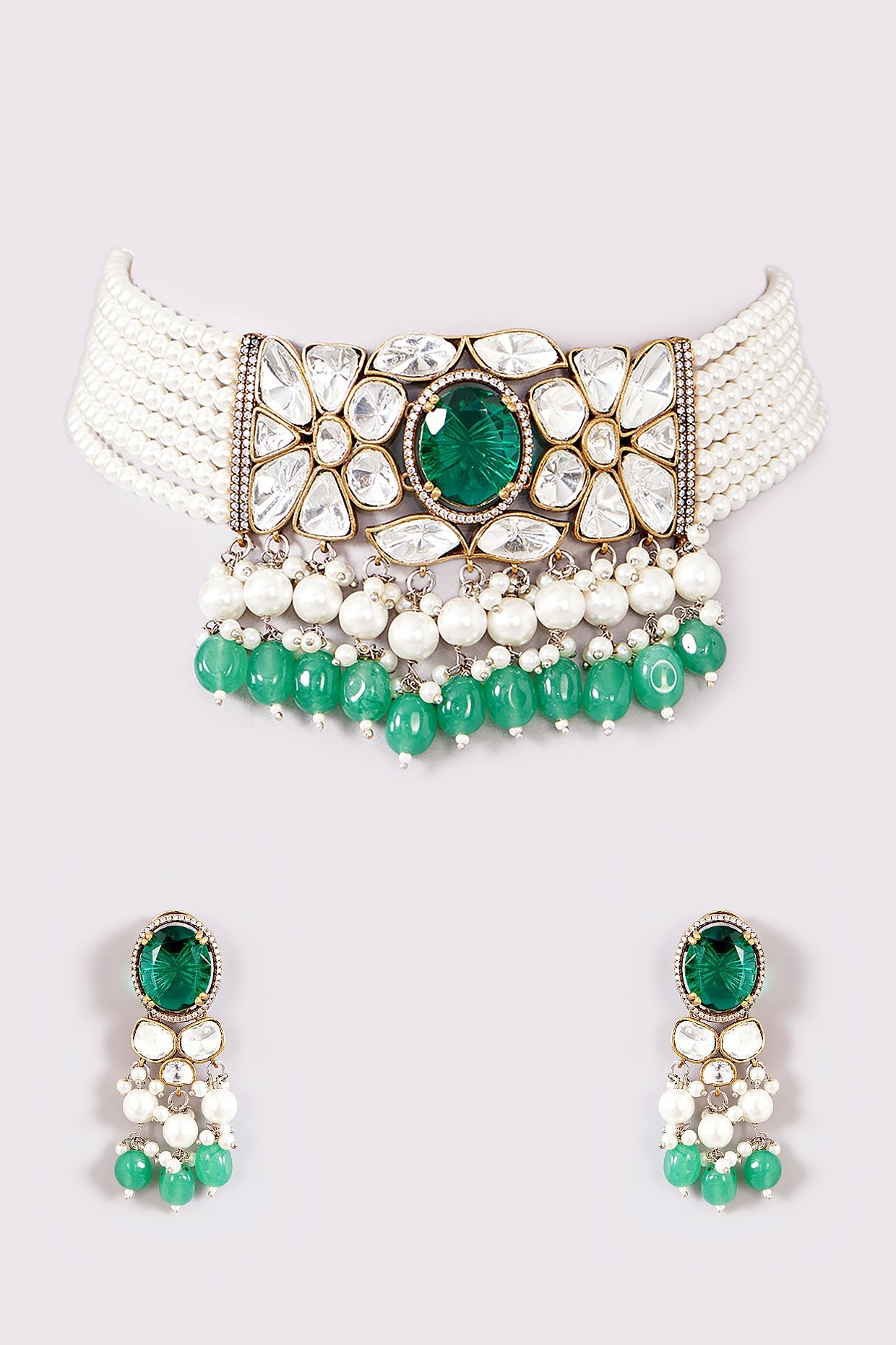 Two Tone Finish Kundan Polki & Emerald Choker Necklace Set