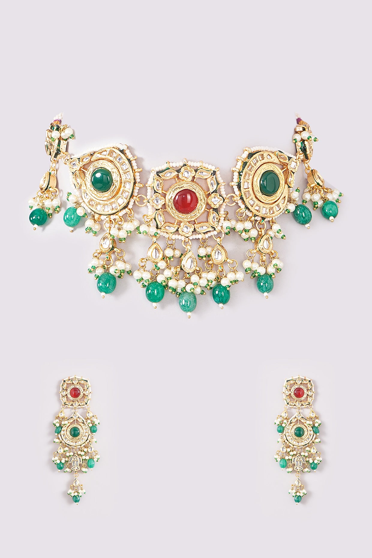 Gold Finish Kundan Polki & Stone Choker Necklace Set