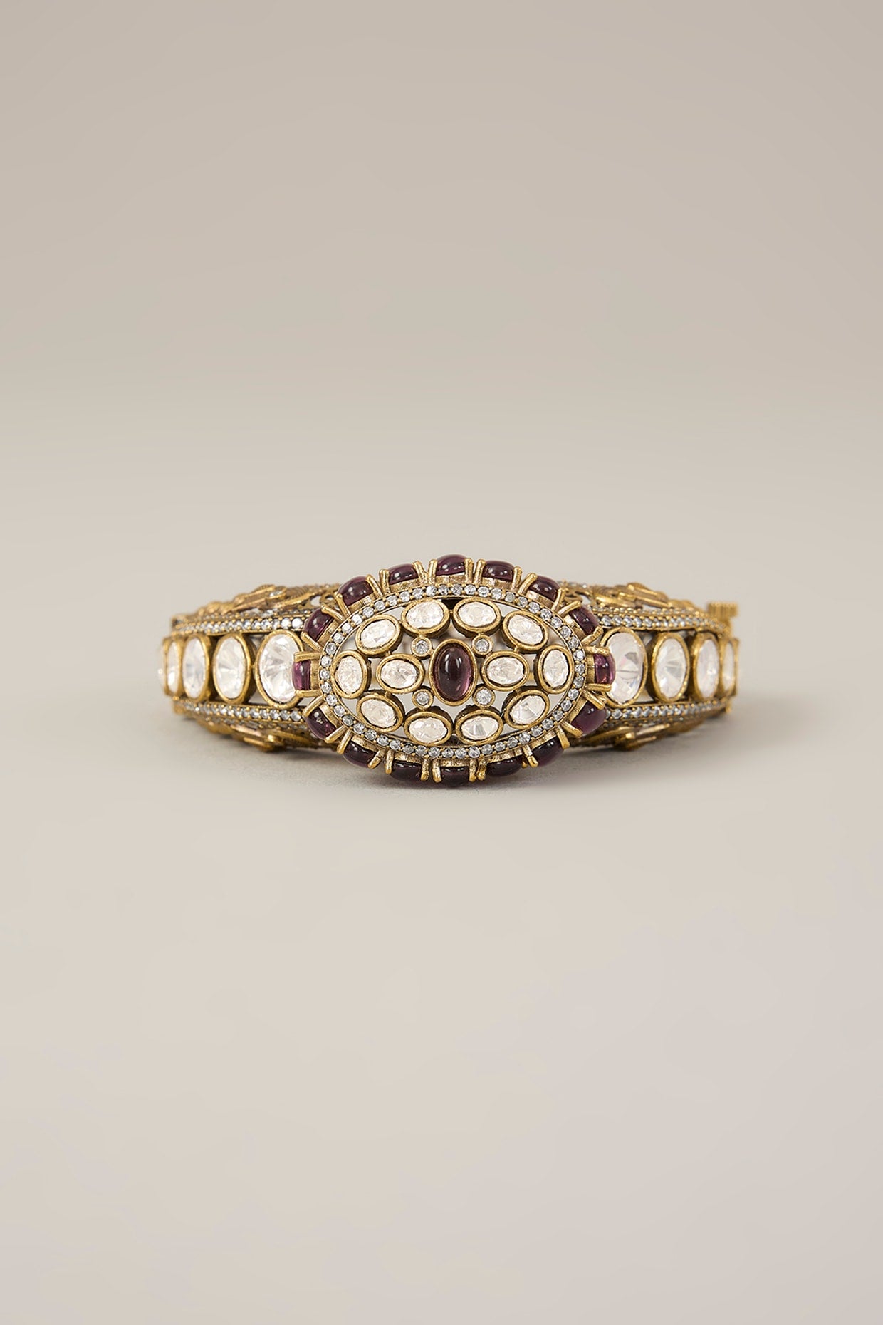 Gold Plated Kundan Polki & Purple Stone Pacheli Bangle