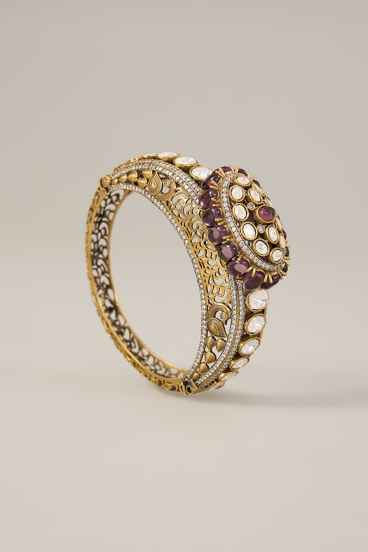 Gold Plated Kundan Polki & Purple Stone Pacheli Bangle