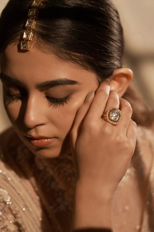 Gold Finish Kundan Polki Adjustable Ring