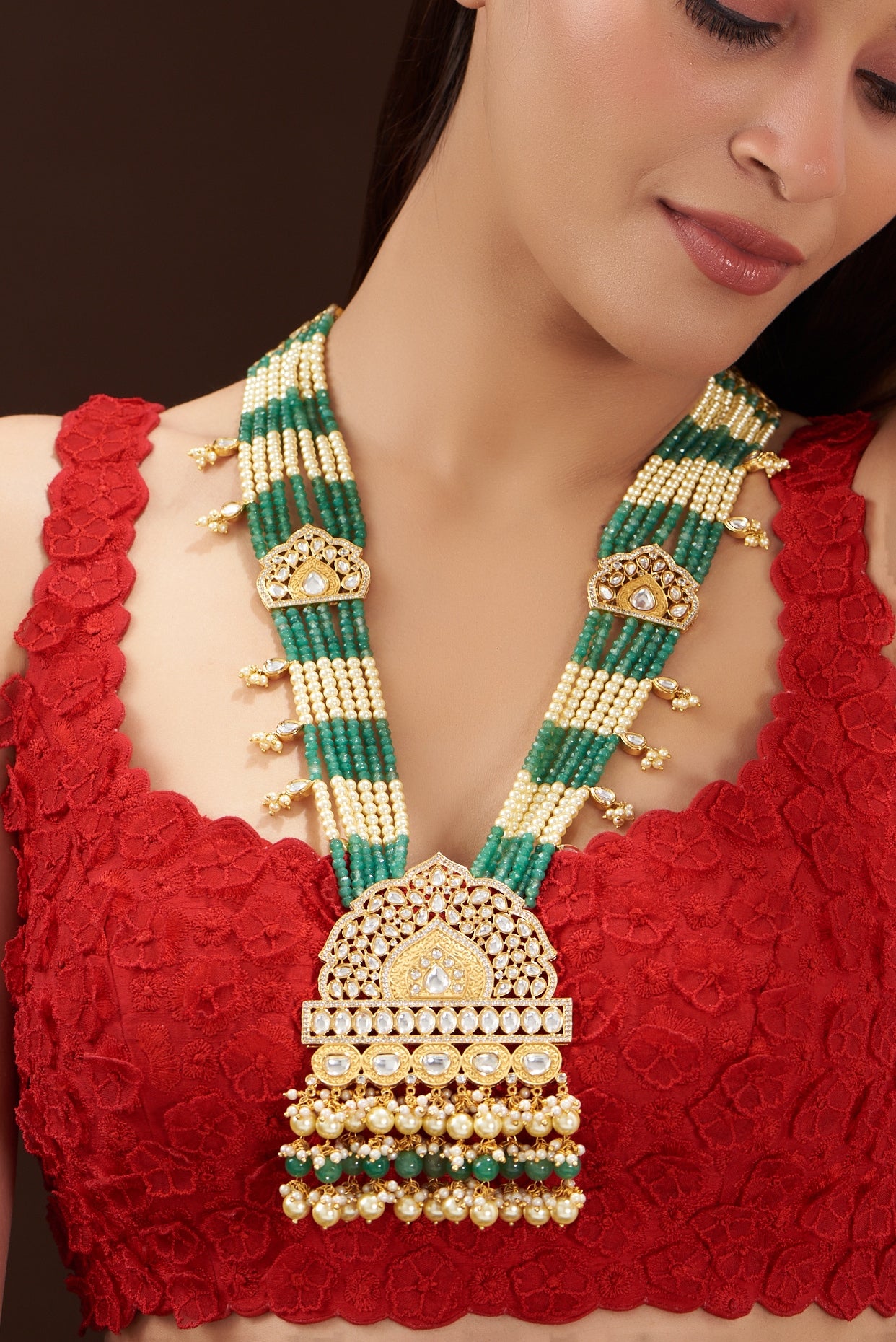 Gold Finish Kundan Polki & Green Stone Long Necklace