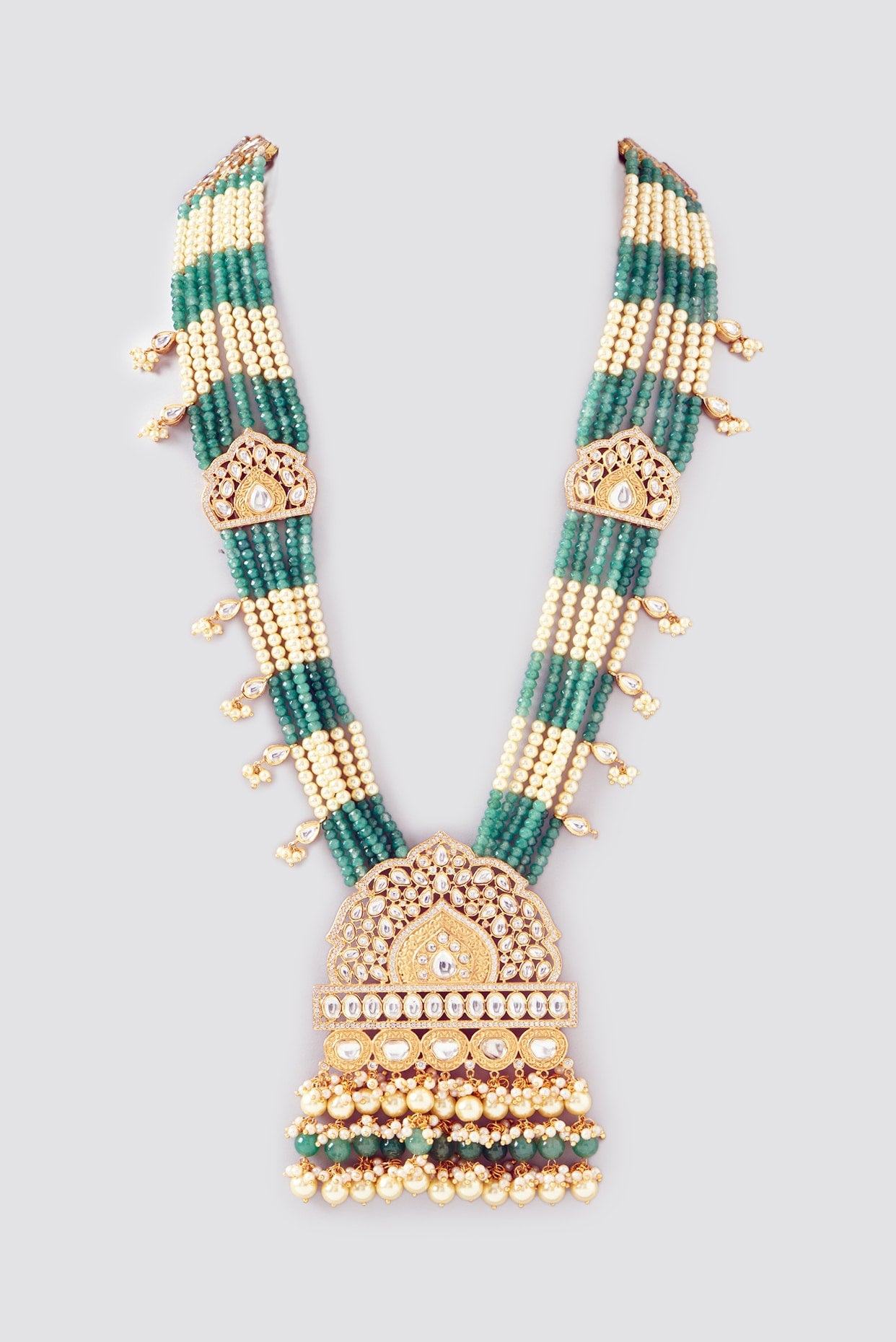 Gold Finish Kundan Polki & Green Stone Long Necklace