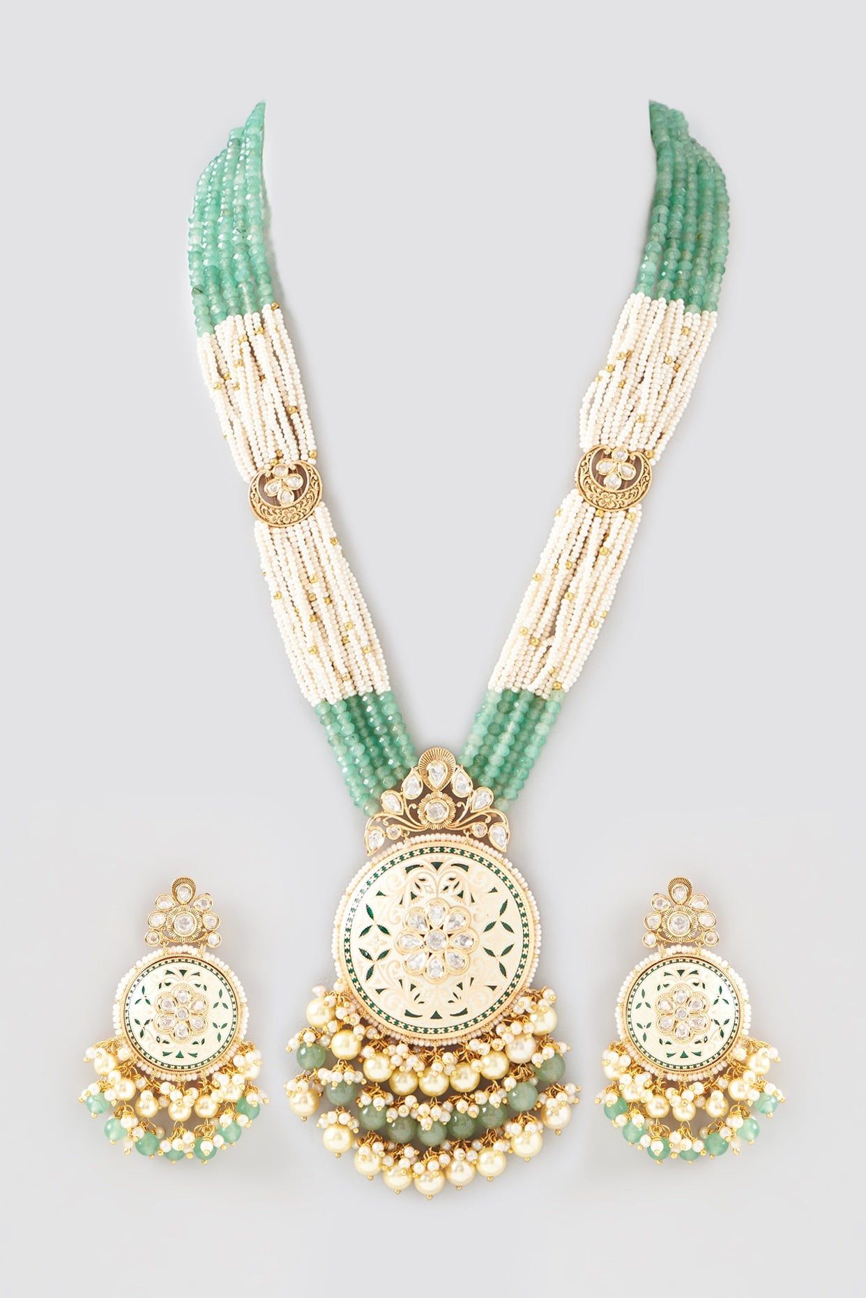 Gold Finish Kundan Polki & Green Stone Enamelled Long Necklace