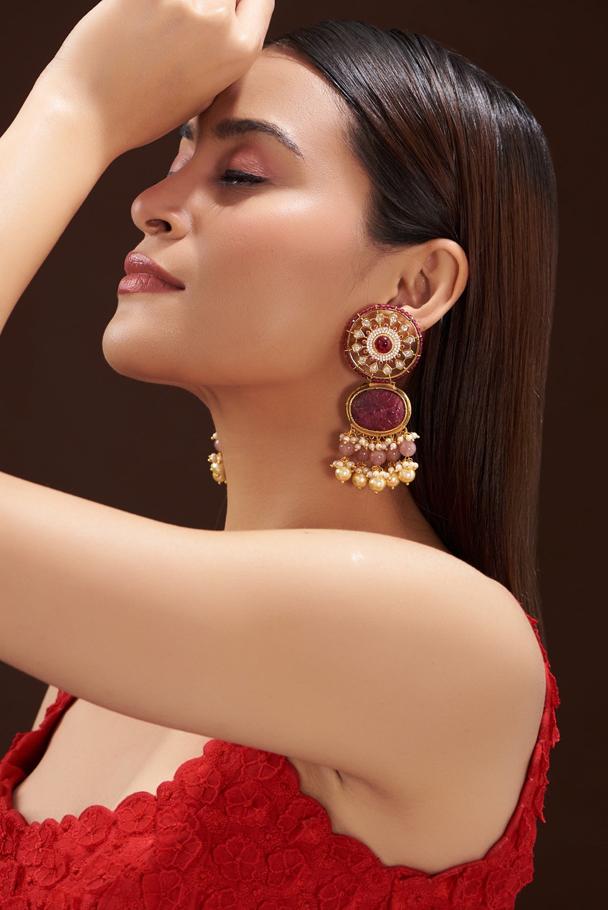 Gold Finish Kundan Polki & Pink Onyx Stone Dangler Earrings