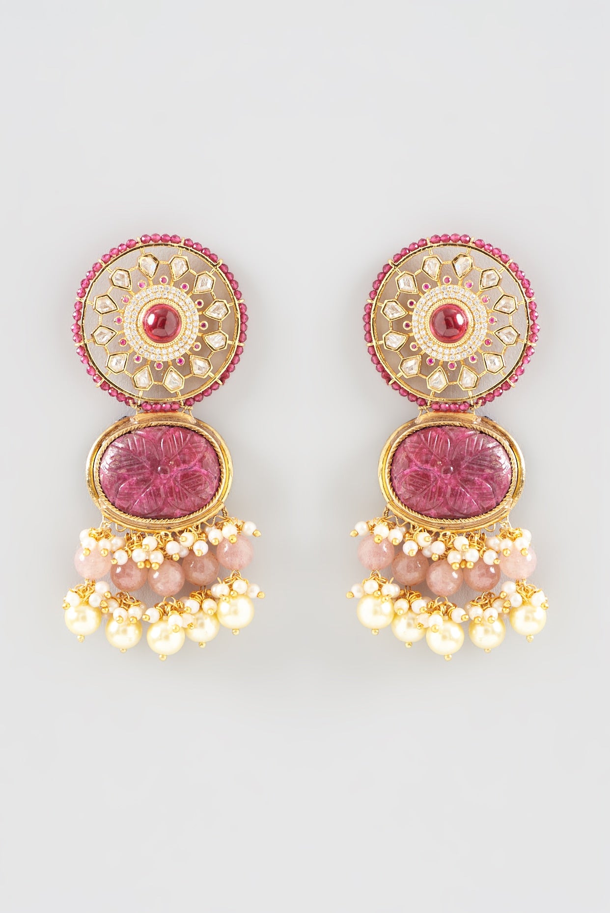 Gold Finish Kundan Polki & Pink Onyx Stone Dangler Earrings