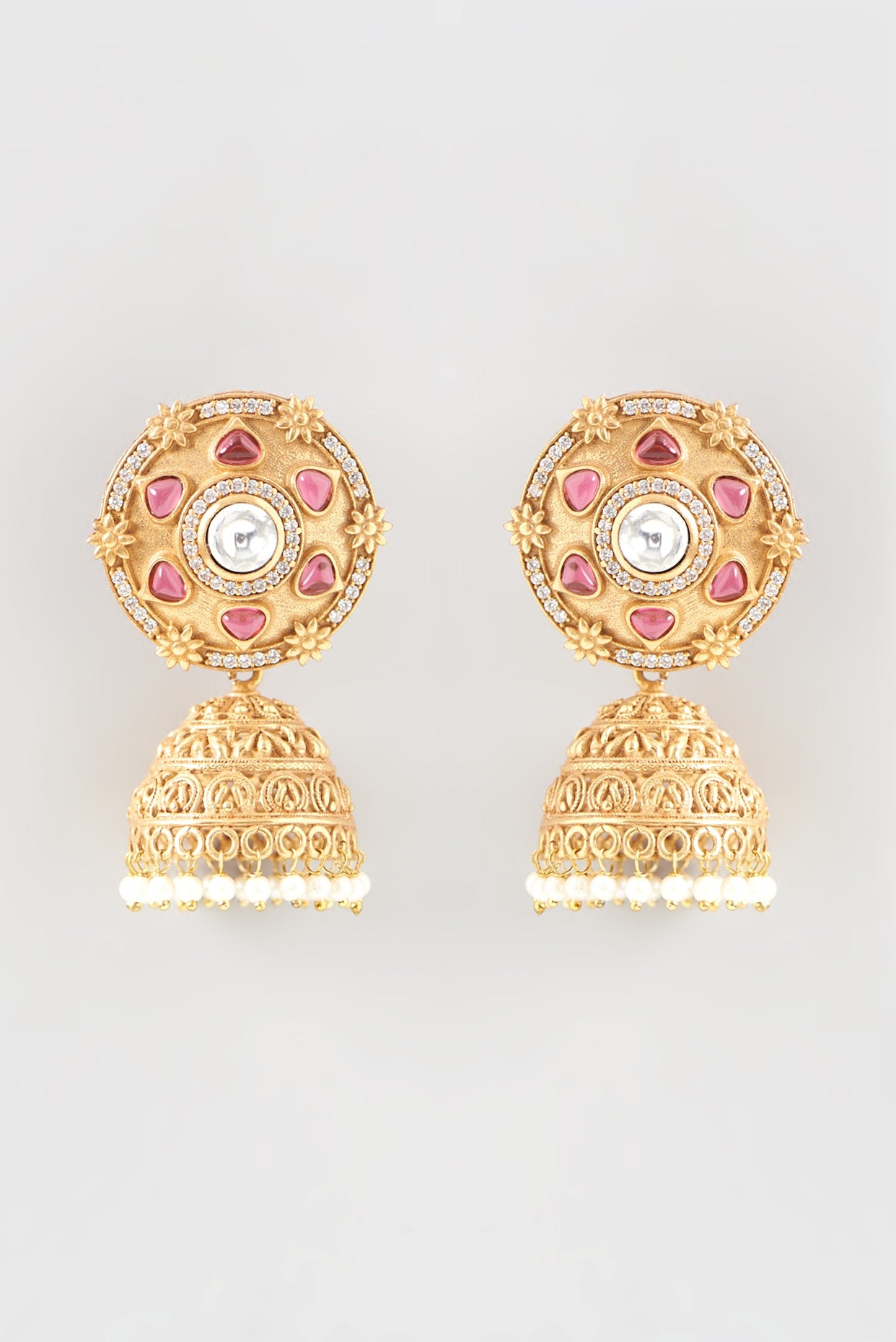 Gold Finish Kundan Polki & Ruby Stone Jhumka Earrings