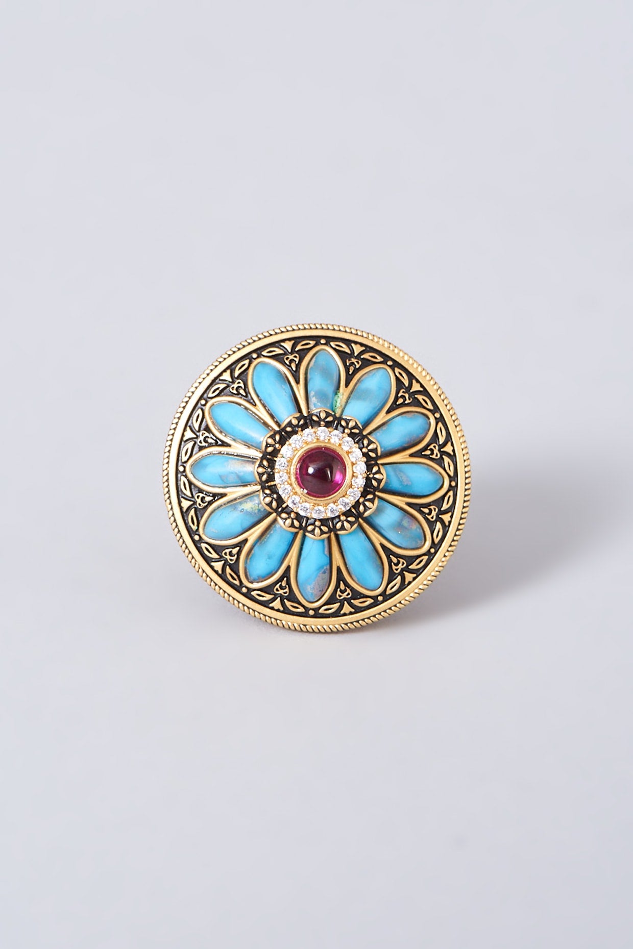 Gold Finish Blue Kundan Polki Ring