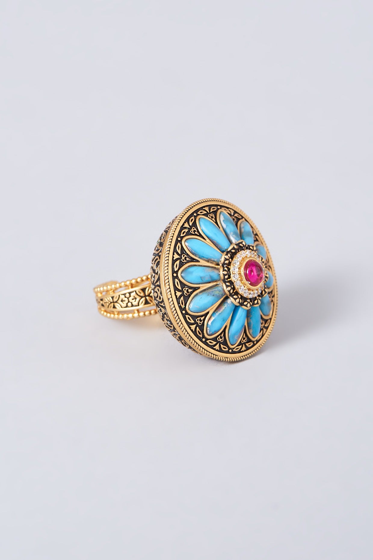 Gold Finish Blue Kundan Polki Ring