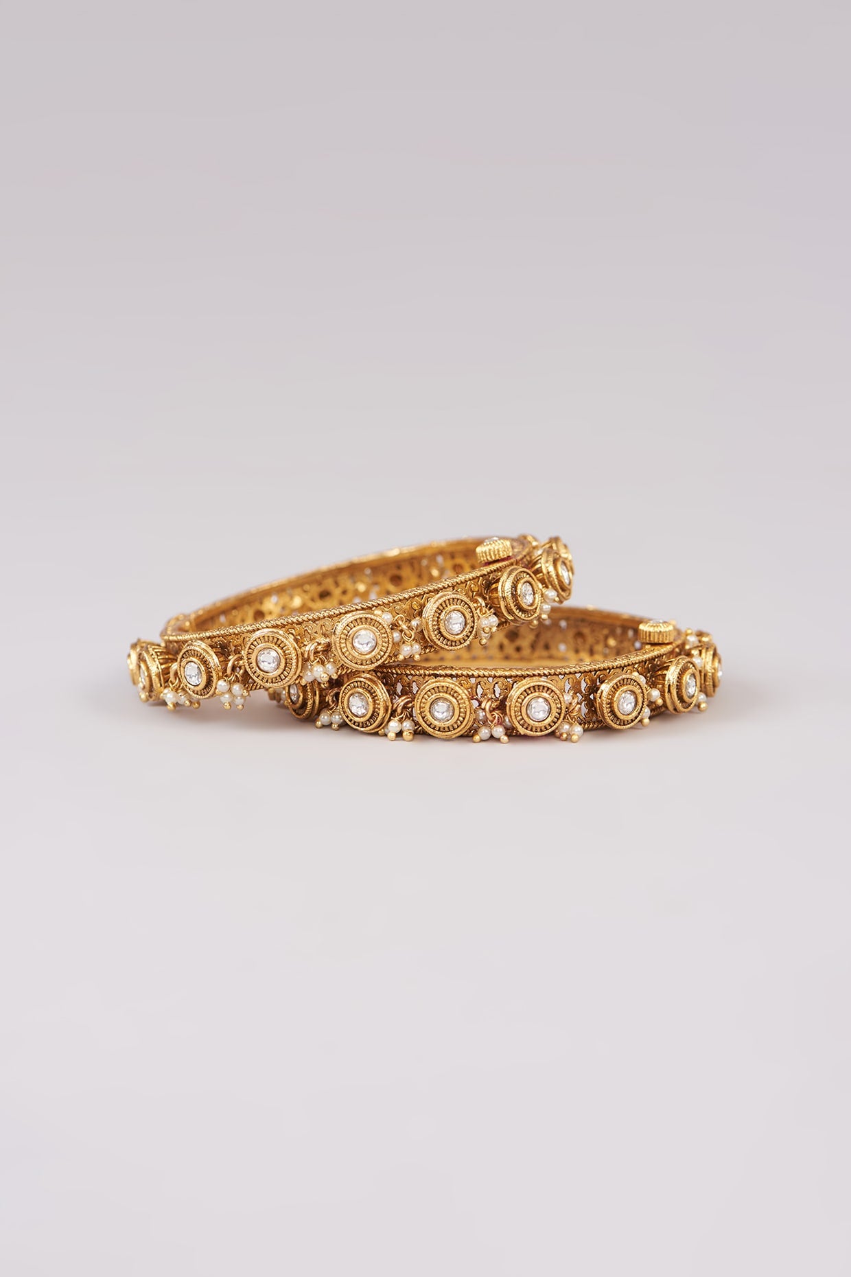 Gold Plated Kundan Polki Temple Bangles (Set of 2)