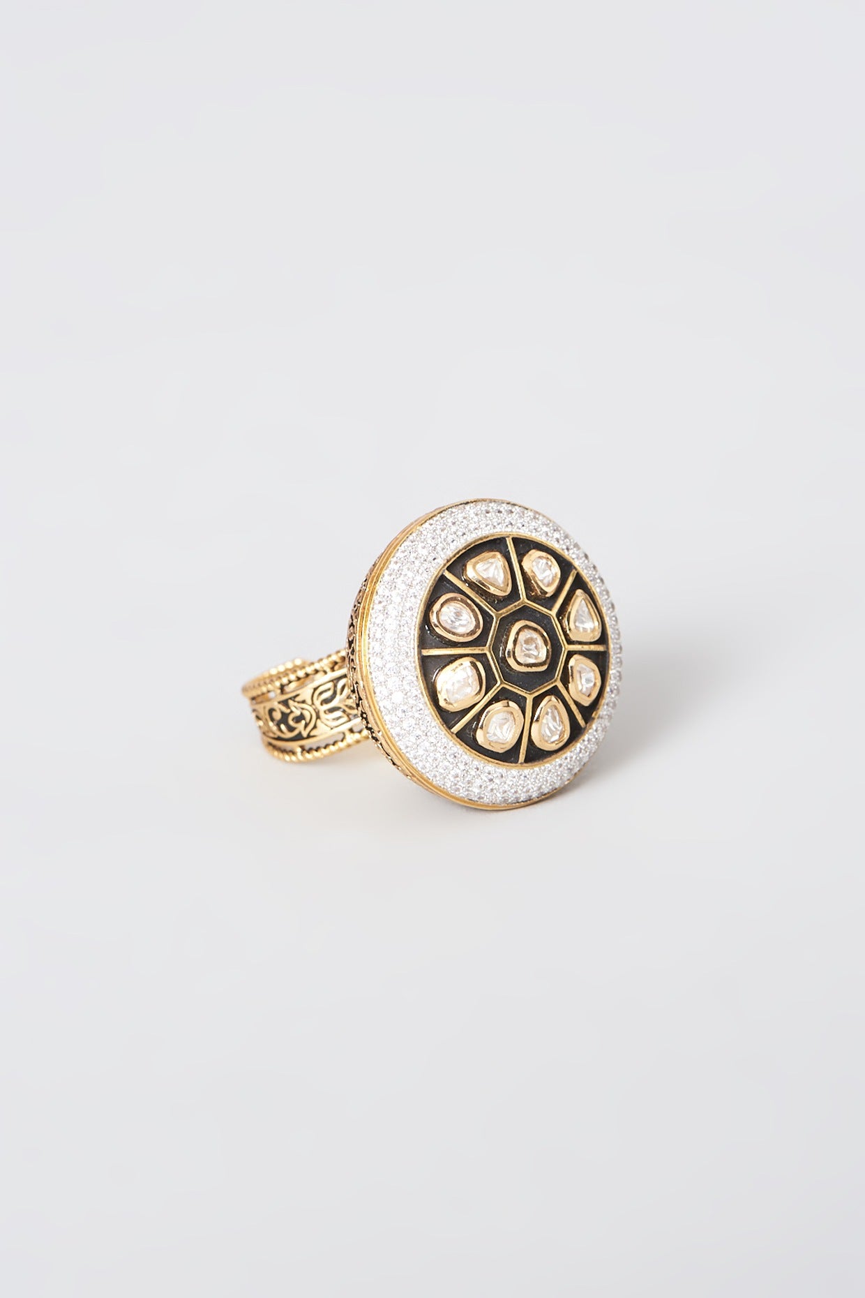 Gold Finish Kundan Polki & American Diamond Ring