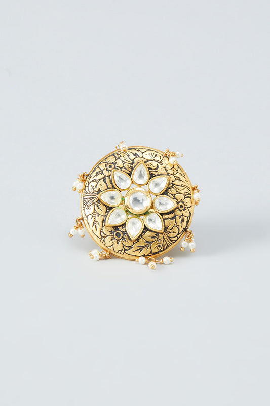 Gold Finish Kundan & Pearls Ring