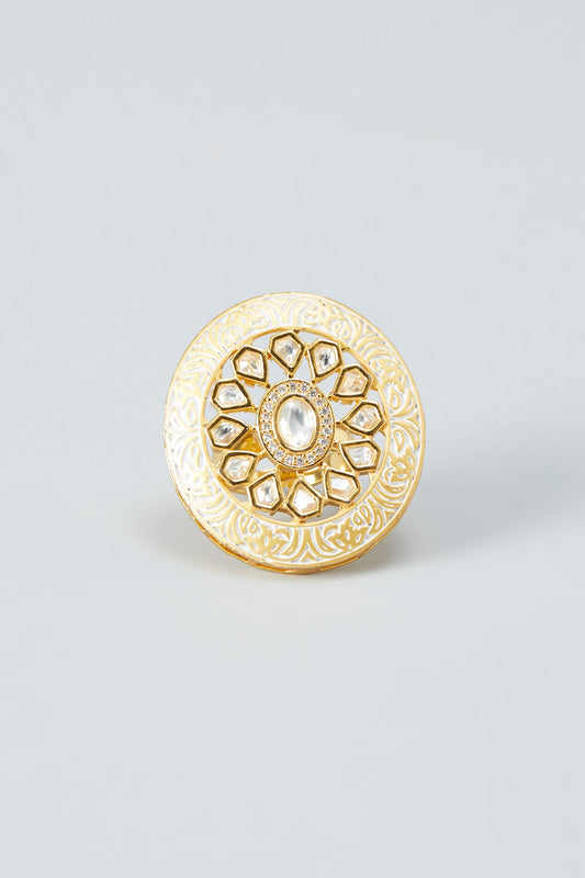 Gold Finish Kundan Enameled Ring