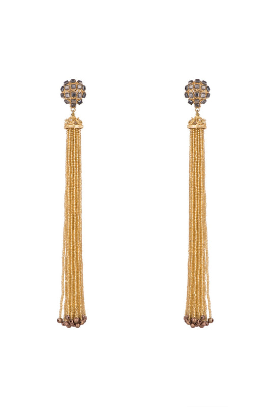 Gold Plated Cubic Zirconia & Beads Tassels Earrings