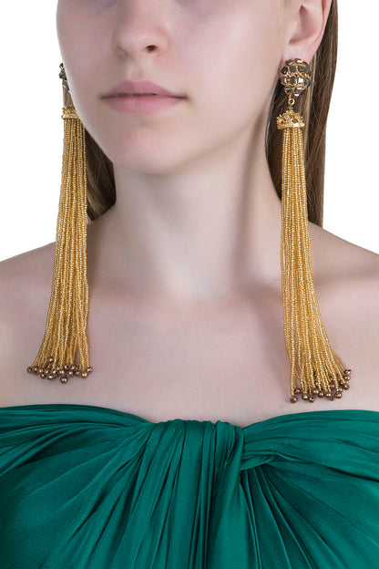 Gold Plated Cubic Zirconia & Beads Tassels Earrings