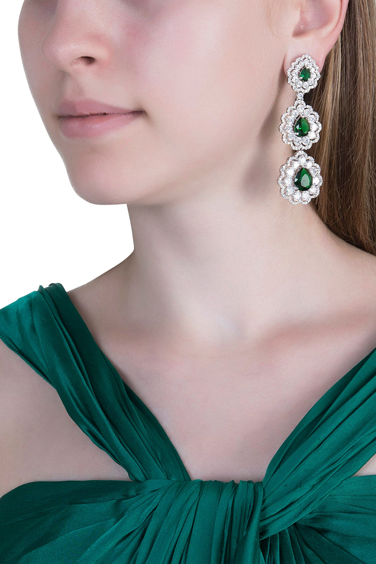 White Finish Semi-Precious Emerald Earrings