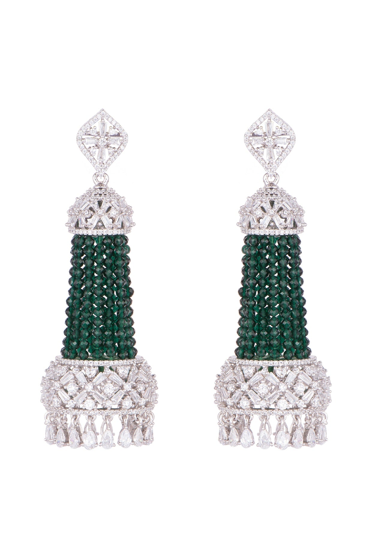White Finish Semi-Precious Emerald Jhumka Earrings