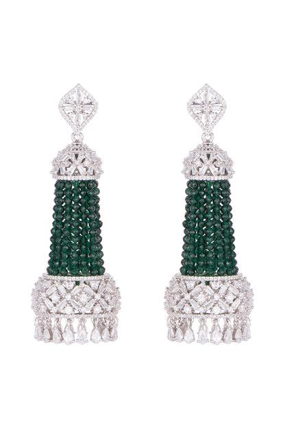 White Finish Semi-Precious Emerald Jhumka Earrings