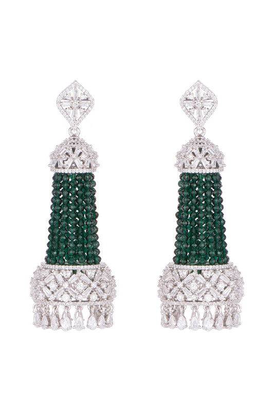 White Finish Semi-Precious Emerald Jhumka Earrings