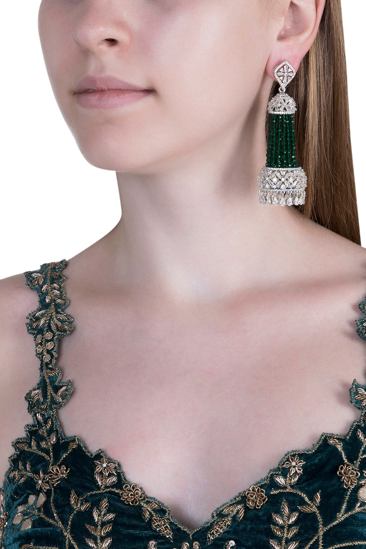 White Finish Semi-Precious Emerald Jhumka Earrings