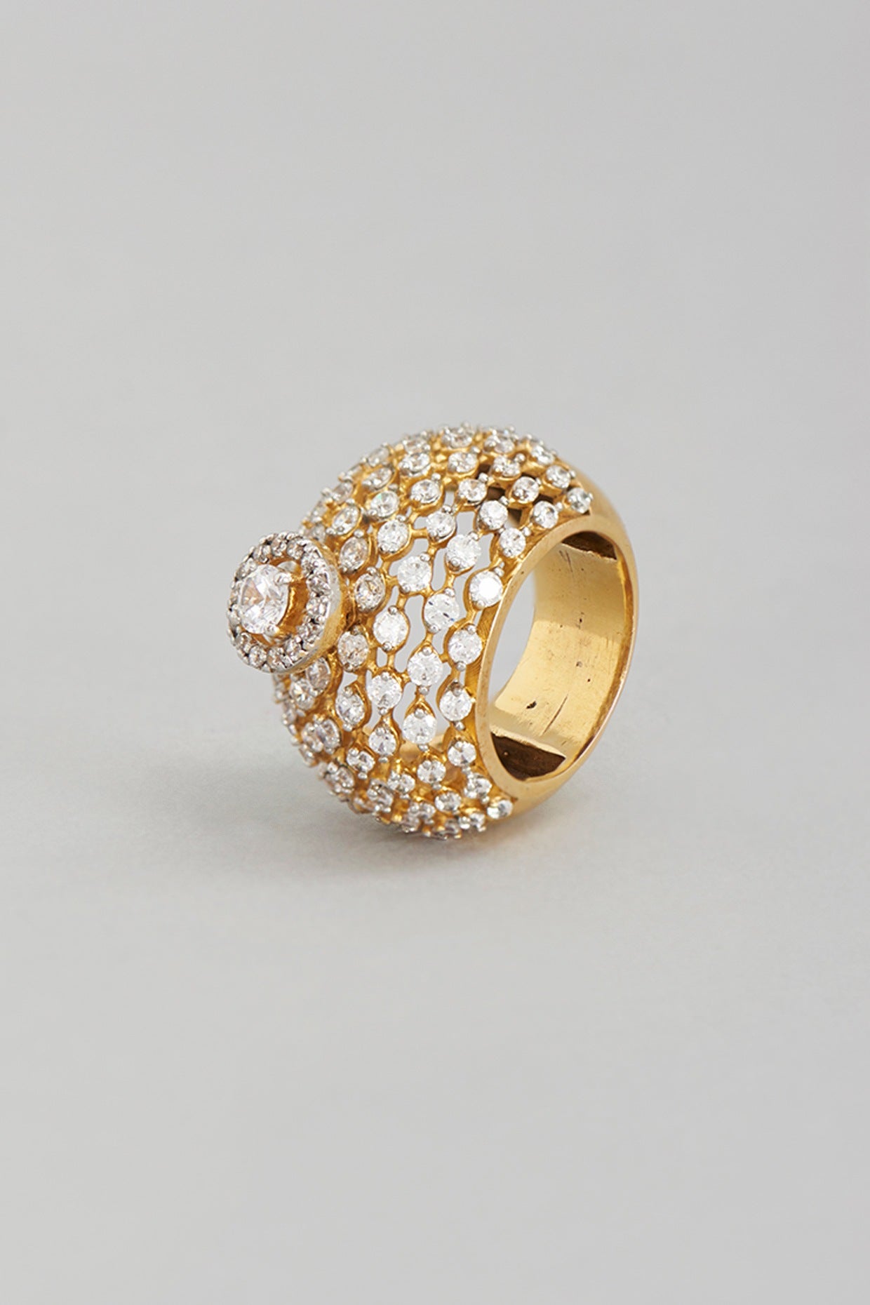 Gold Finish Cubic Zirconia Solitaire Cocktail Ring