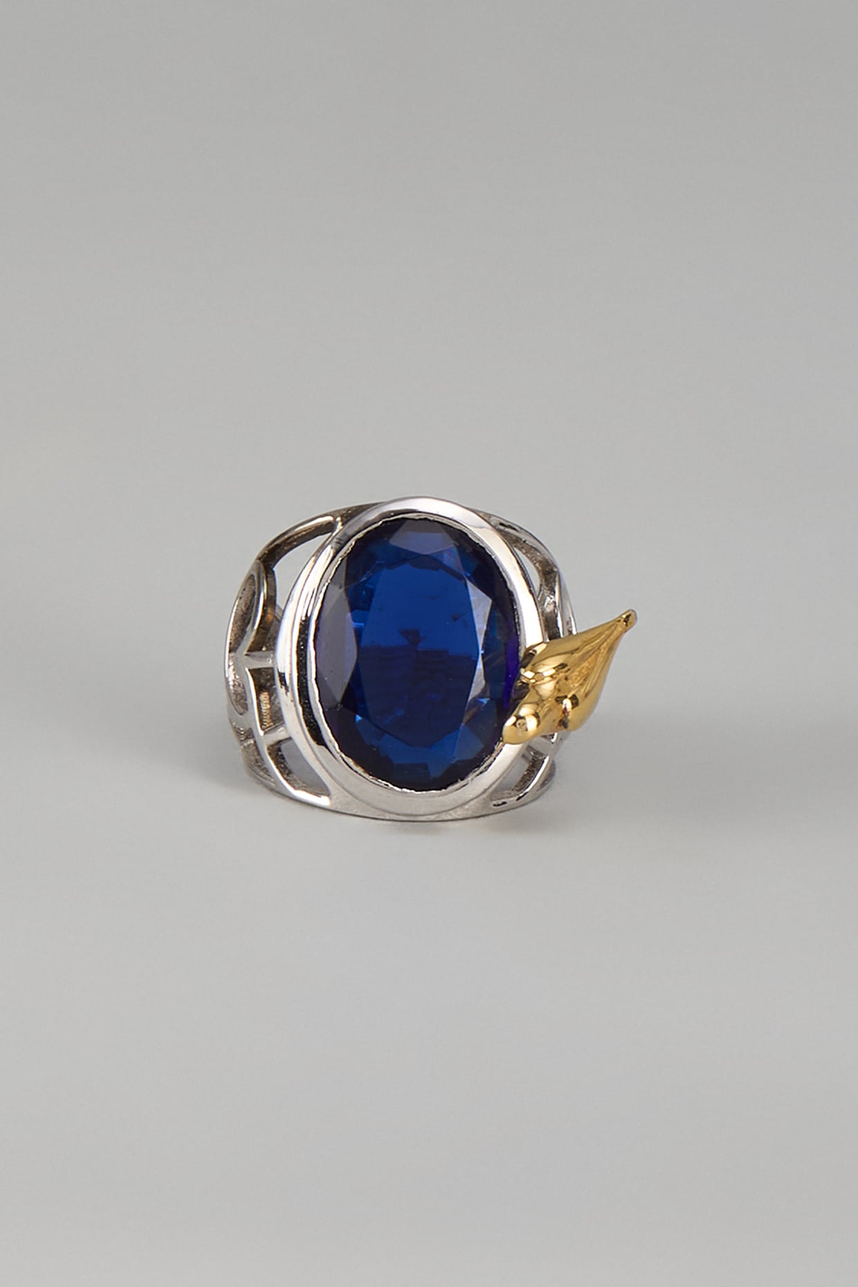 Gold Finish Blue Sapphire Ring In Sterling Silver