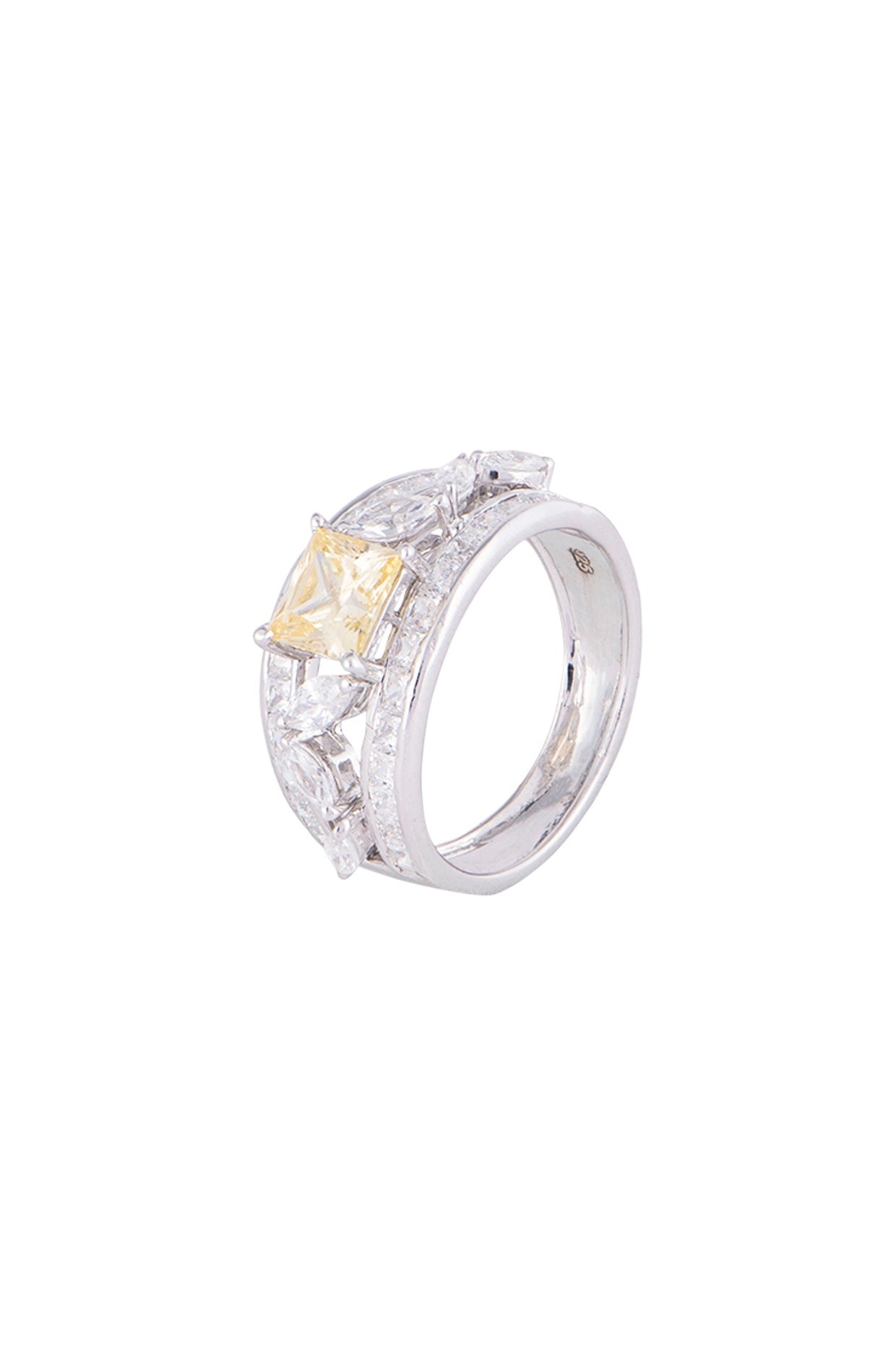 White Finish 925 Sterling Silver White & Yellow Swarovski Zircon Ring