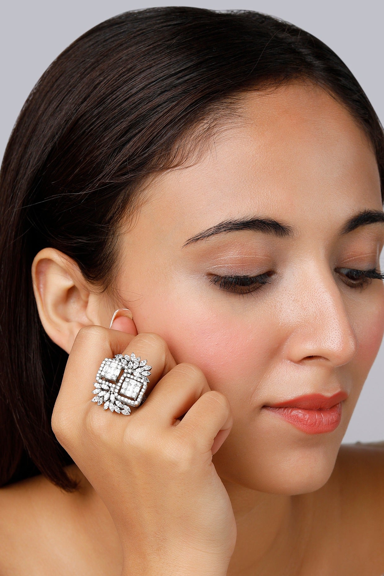 White Finish Swarovski Ring In Sterling Silver