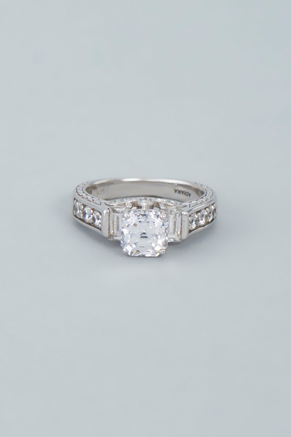 White Finish Swarovski Emerald Cut Ring In Sterling Silver