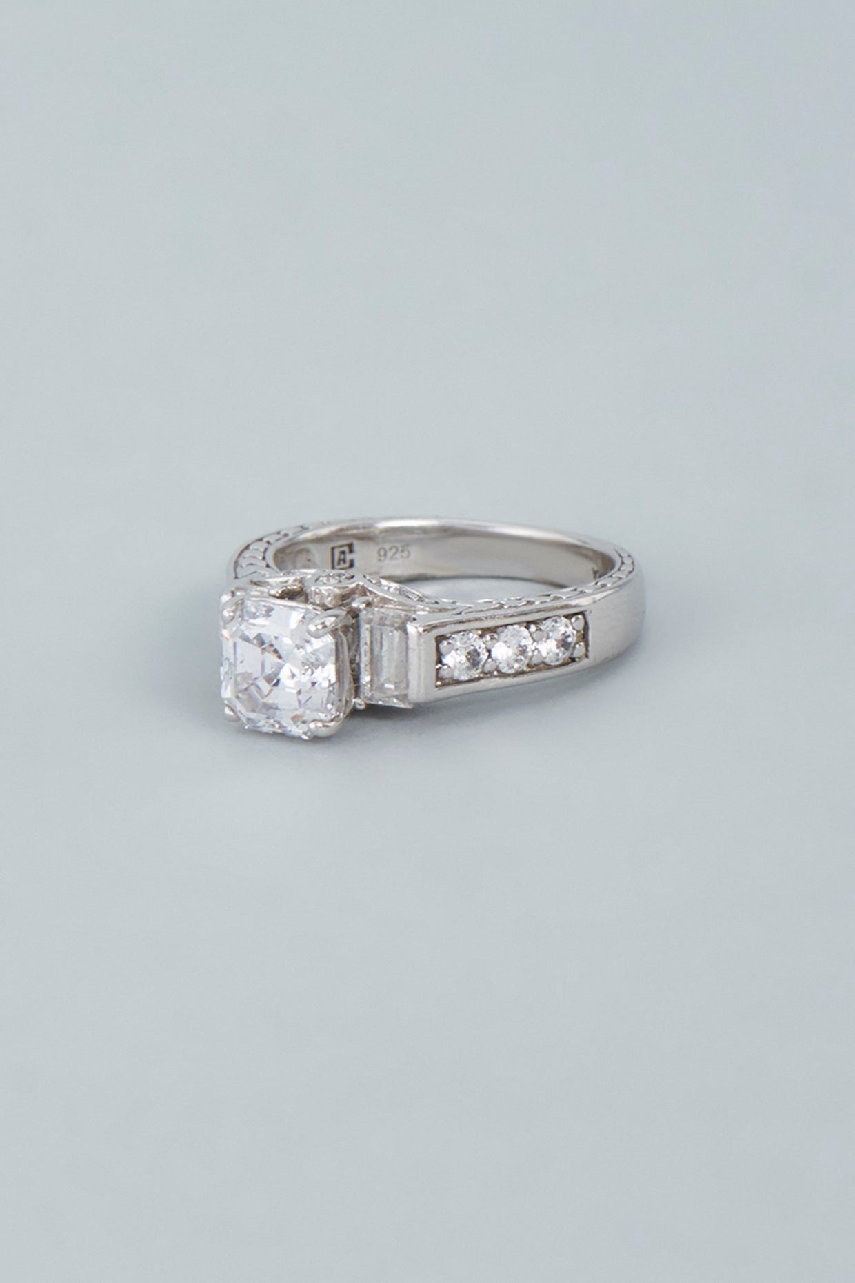 White Finish Swarovski Emerald Cut Ring In Sterling Silver