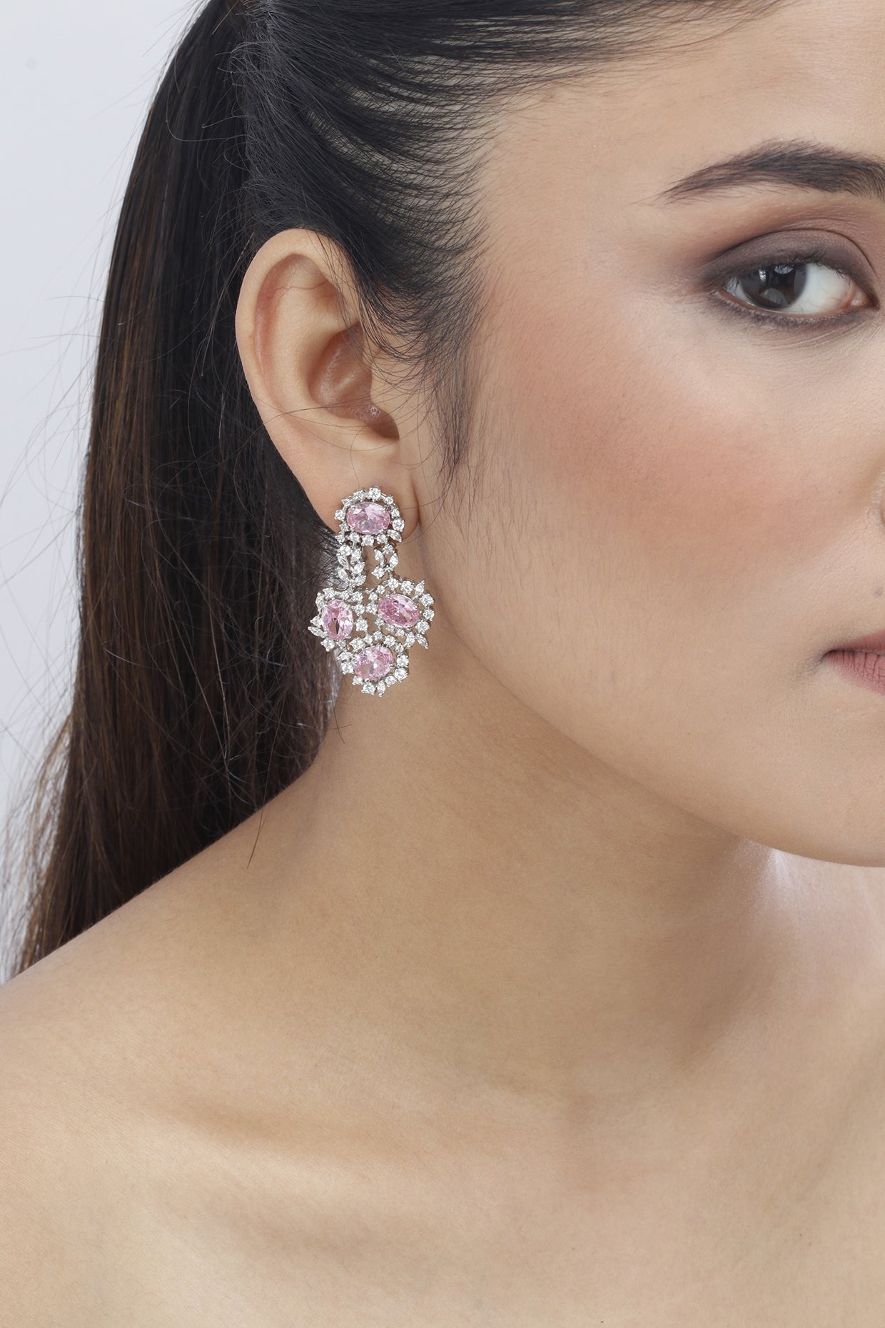 White Finish Pink Swarovski Crystal Dangler Earrings In Sterling Silver