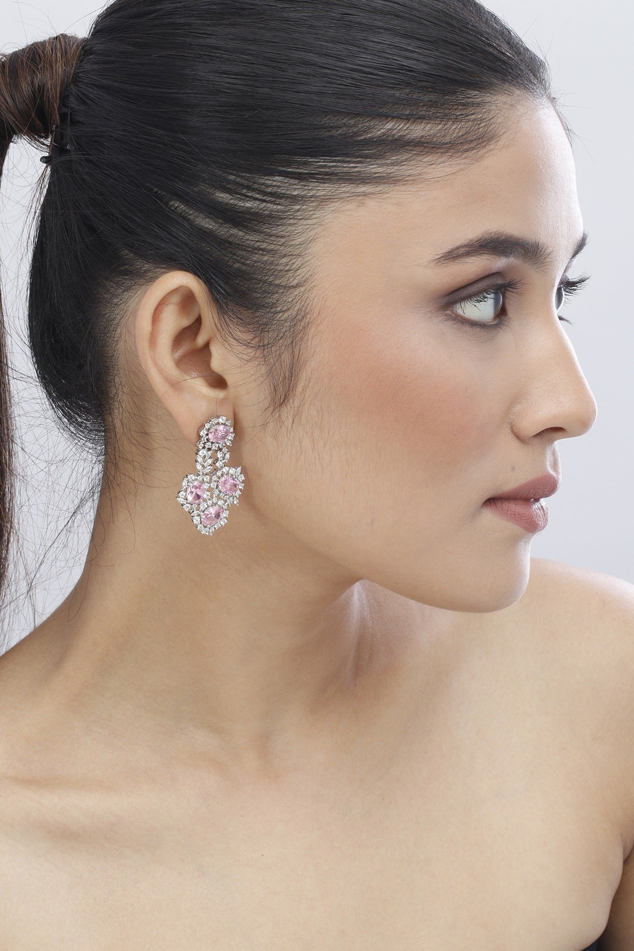 White Finish Pink Swarovski Crystal Dangler Earrings In Sterling Silver