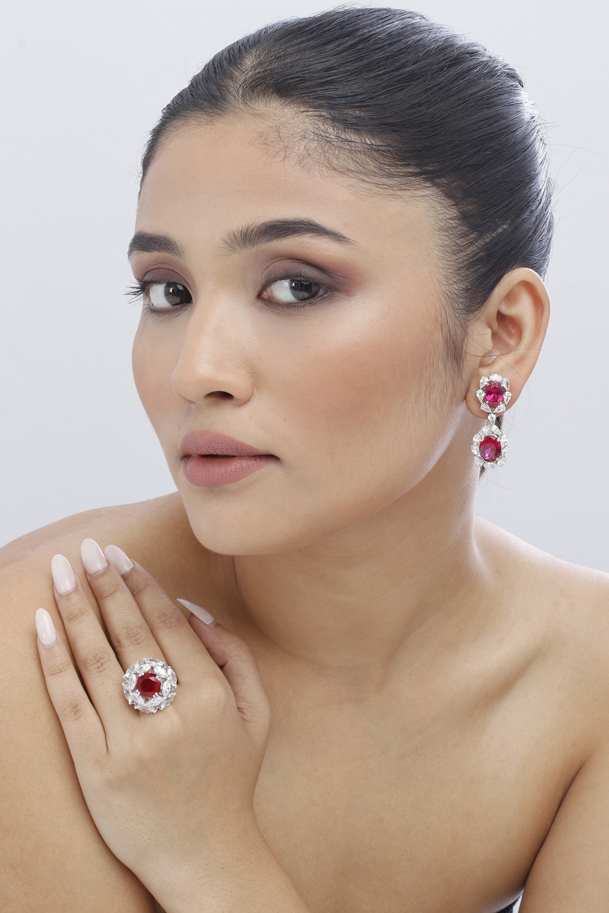 White Finish Ruby Red Crystal & Swarovski Dangler Earrings In Sterling Silver