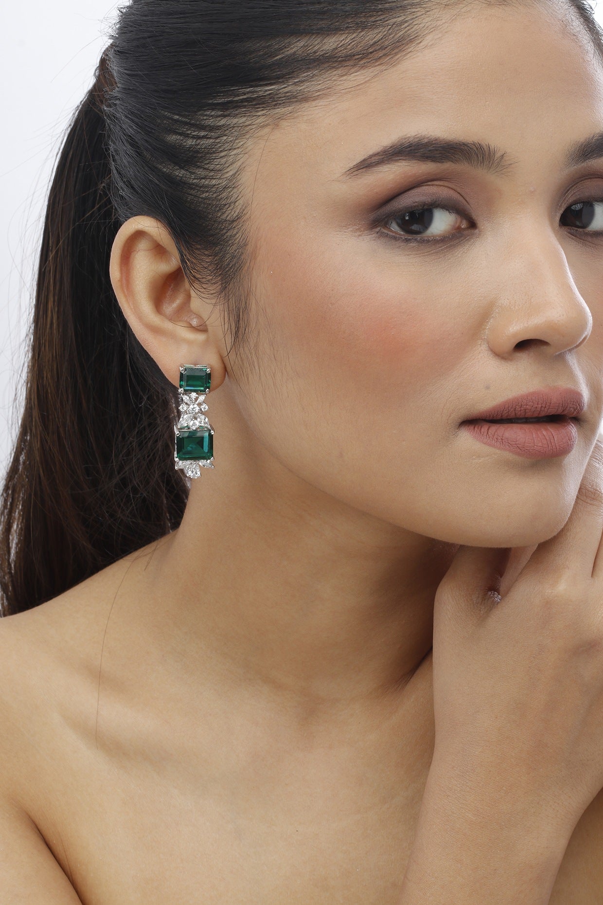 White Finish Emerald-Cut Green Swarovski Dangler Earrings In Sterling Silver