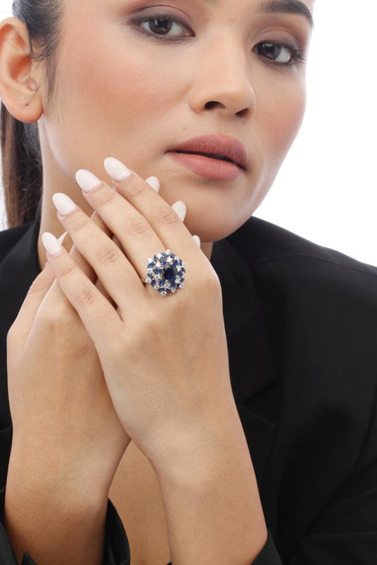 White Finish Blue Sapphire & Swarovski Ring In Sterling Silver