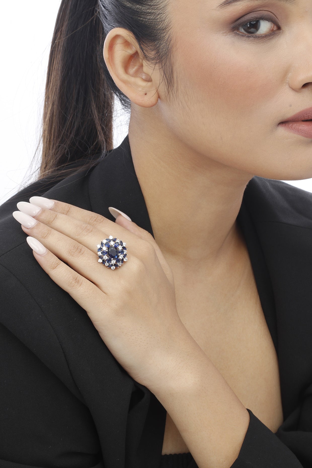 White Finish Blue Sapphire & Swarovski Ring In Sterling Silver