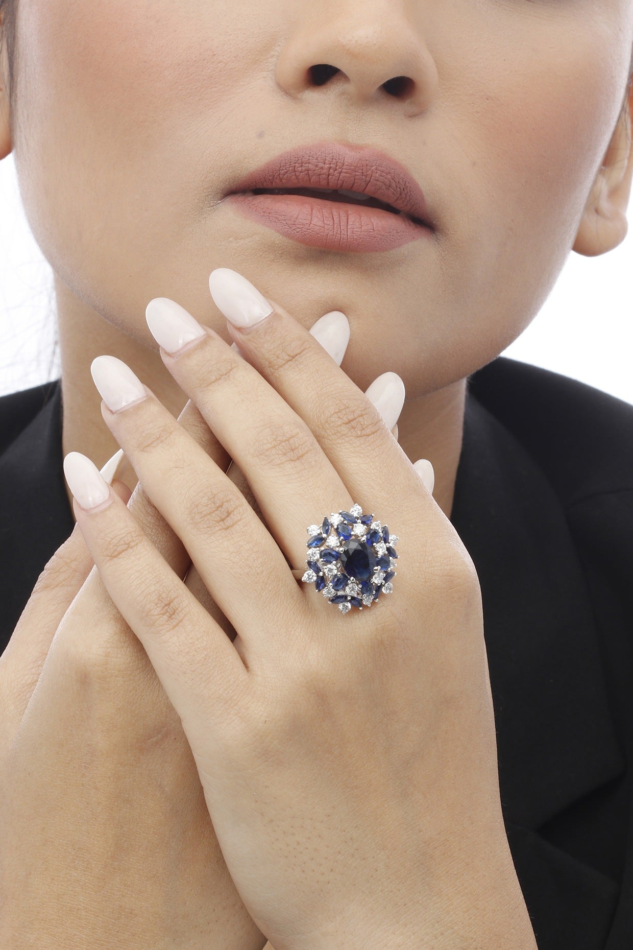 White Finish Blue Sapphire & Swarovski Ring In Sterling Silver