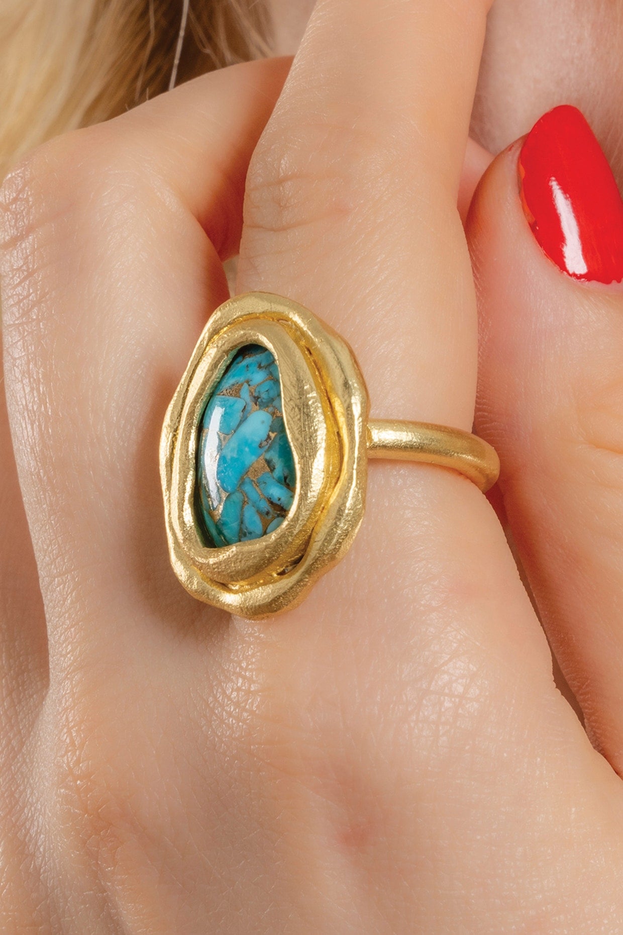 Gold Finish Turquoise Stone Chunky Ring