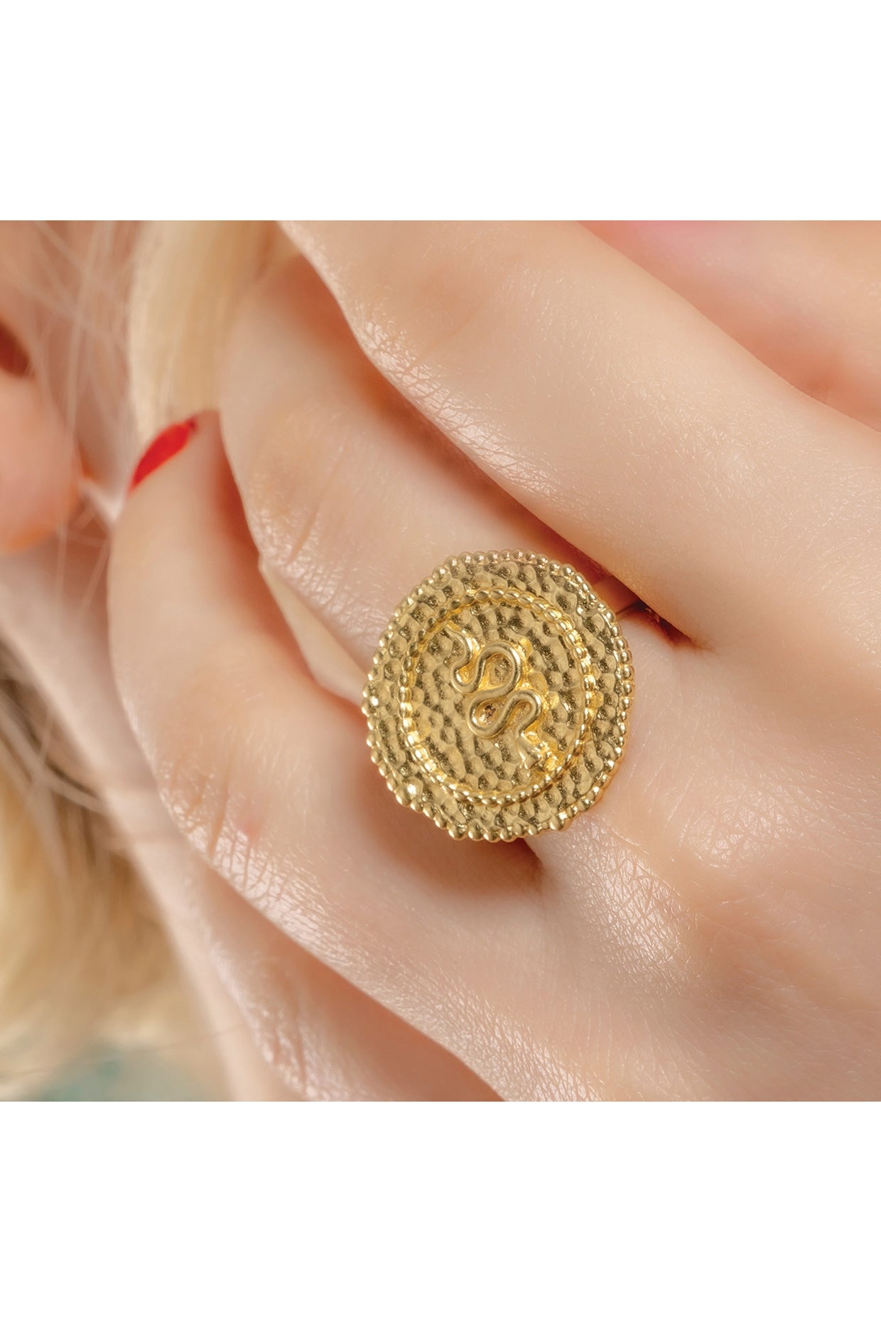 Gold Finish Textured Snake Coin Shaped Ring