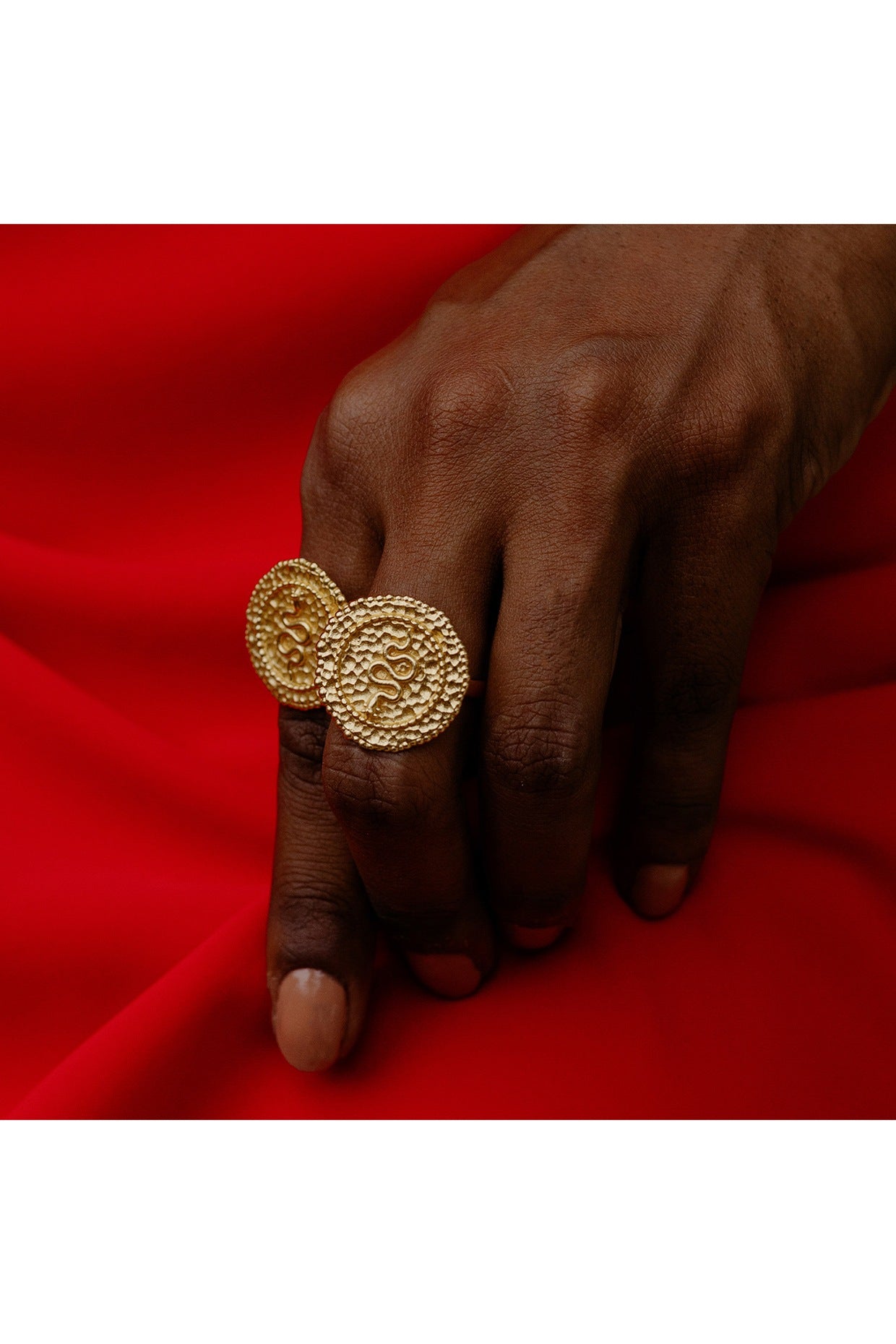 Gold Finish Textured Snake Coin Shaped Ring