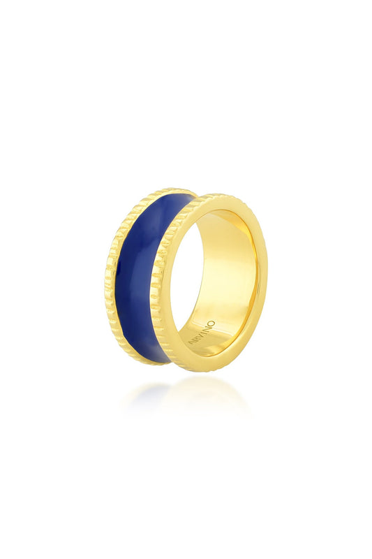 Gold Finish Dark Blue Enamel Band Ring