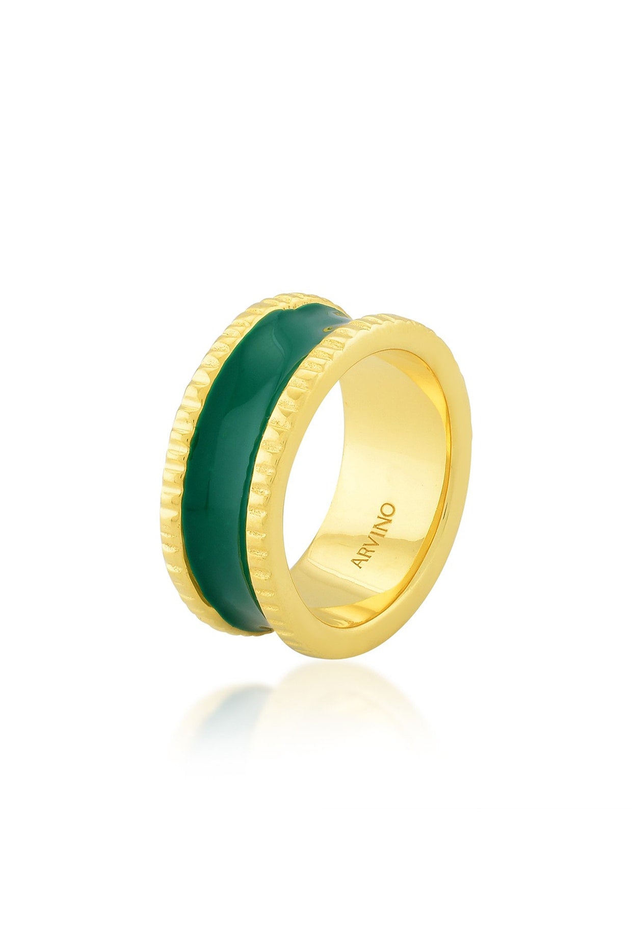 Gold Finish Dark Green Enamel Band Ring