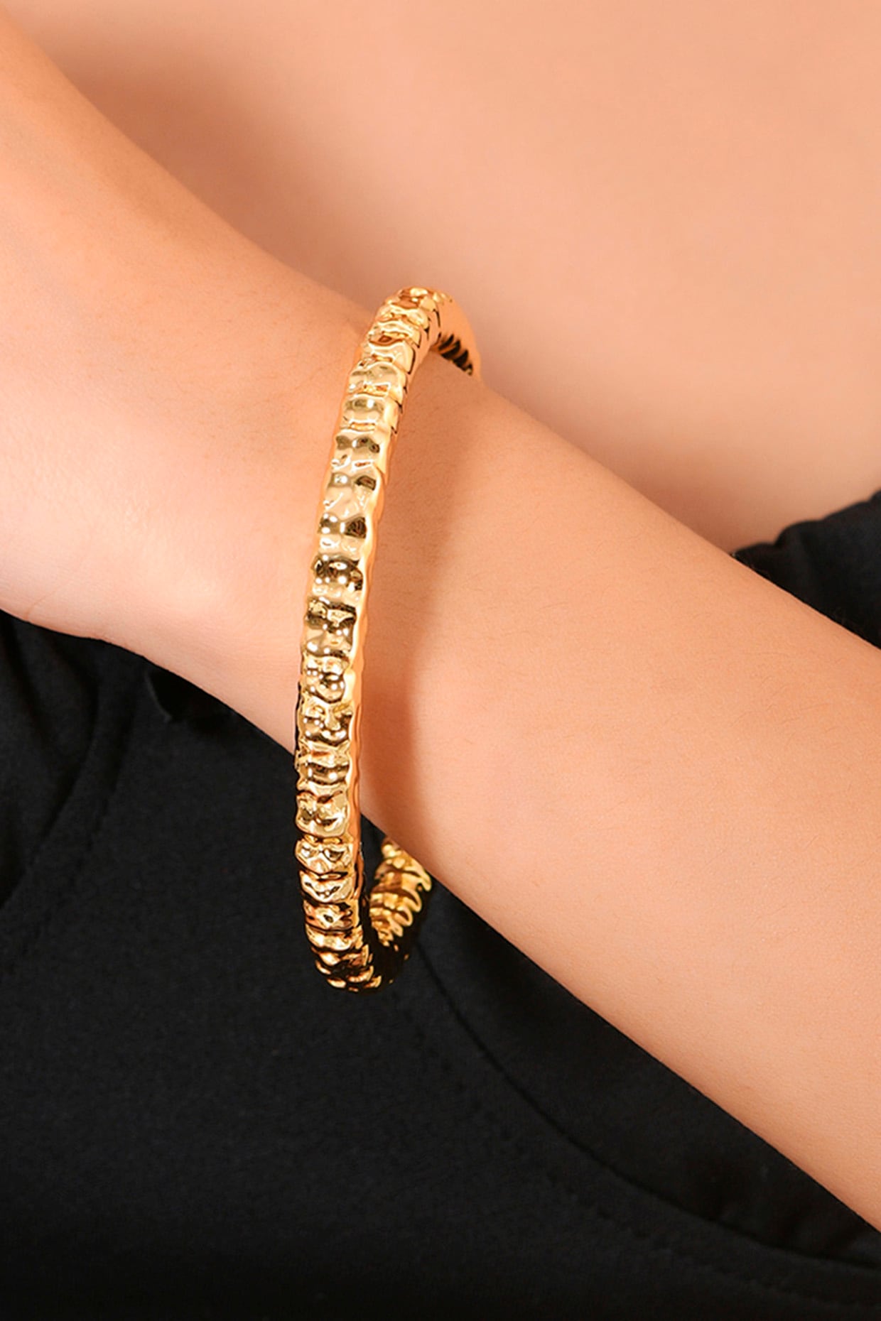 Gold Finish Etched Furrowed Bangle