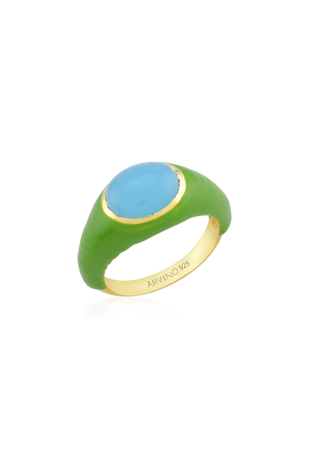 Gold Finish Blue Chalcedony Enameled Ring In 92.5 Sterling Silver