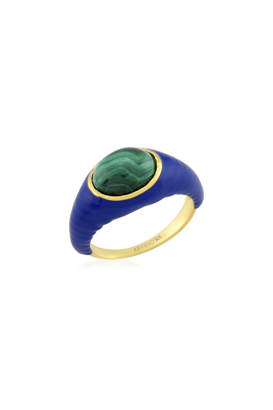 Gold Finish Malachite Enameled Ring In 92.5 Sterling Silver